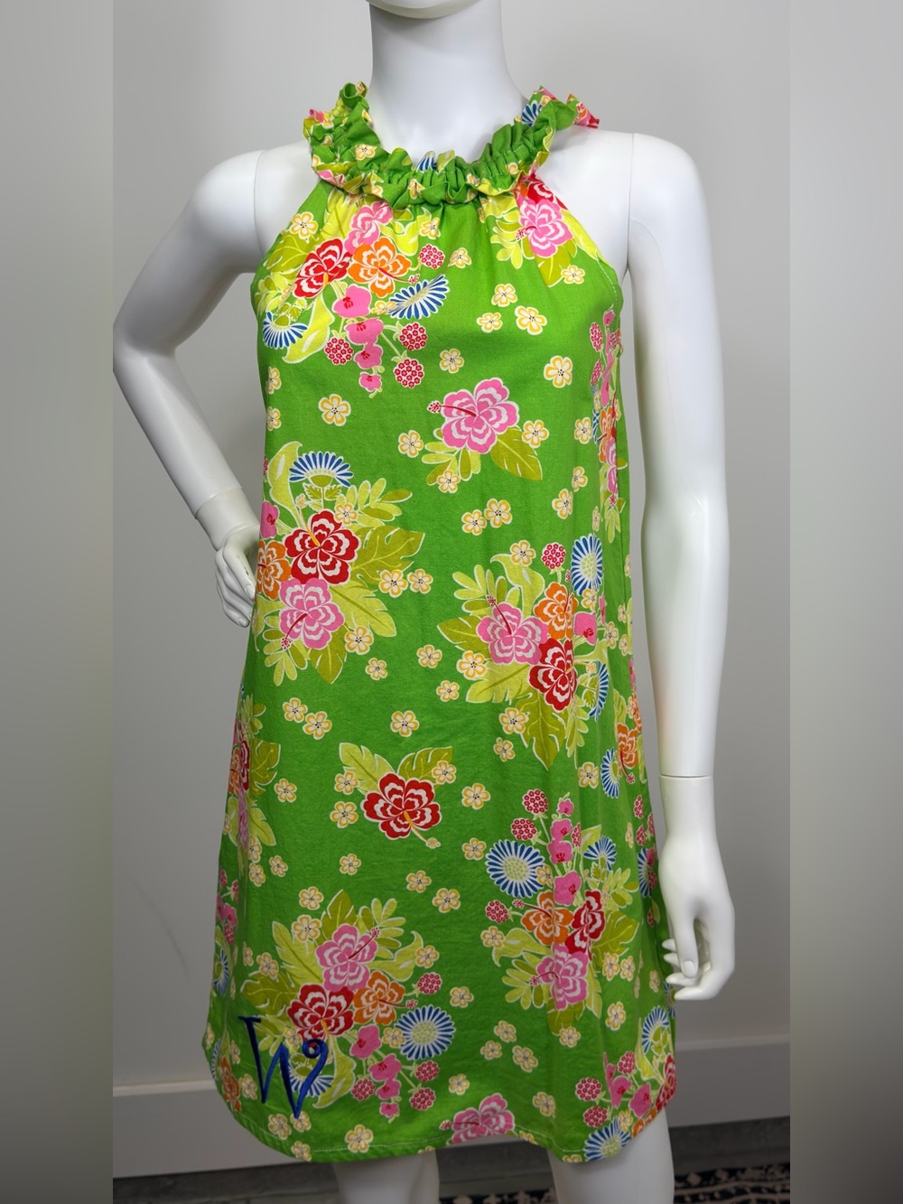 Lolly Wolly Doodle Green Floral Shift Dress Ruffle Neck Cotton Size S USA